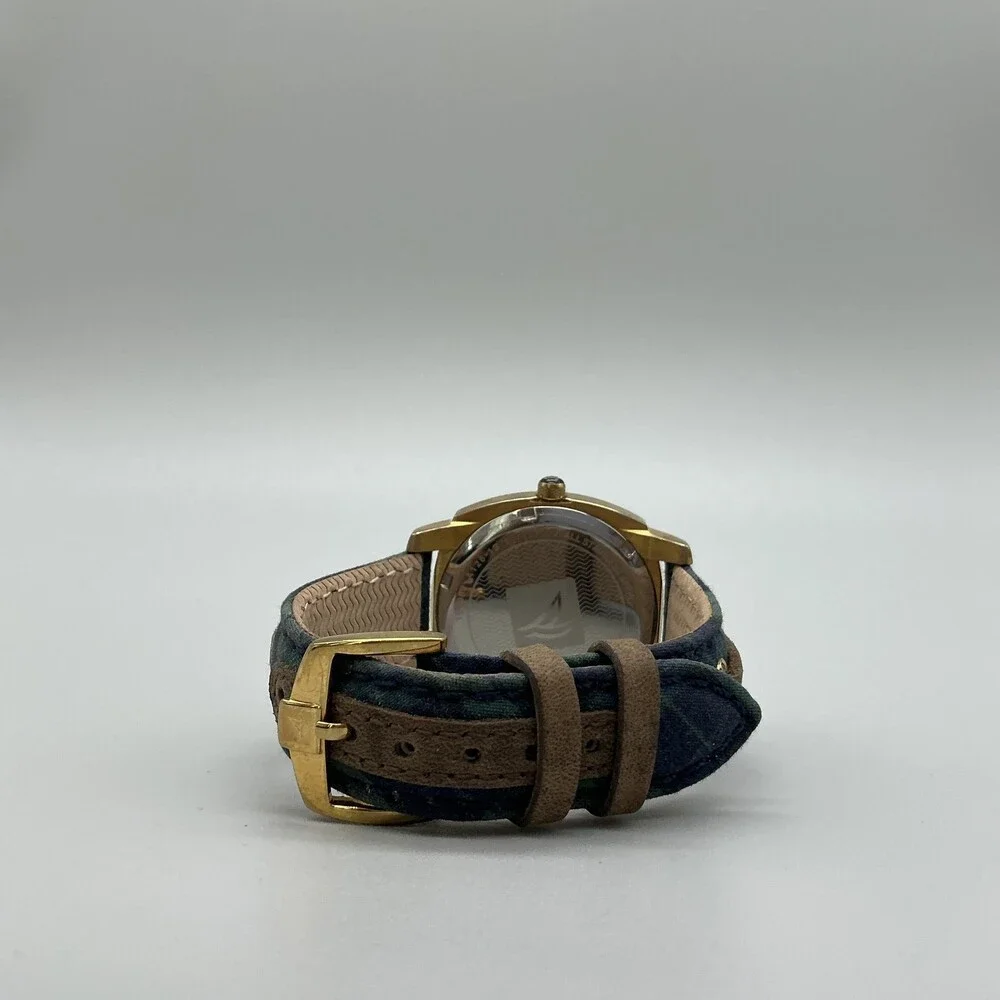 Sperry Top-Sider Mens Watch 38mm Blue Dial Gold Tone Plaid Strap New Battery